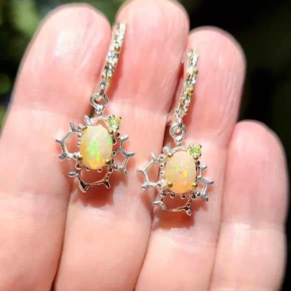 Opal & Peridot honeycomb sterling & gold Earrings - Picture 5 of 8